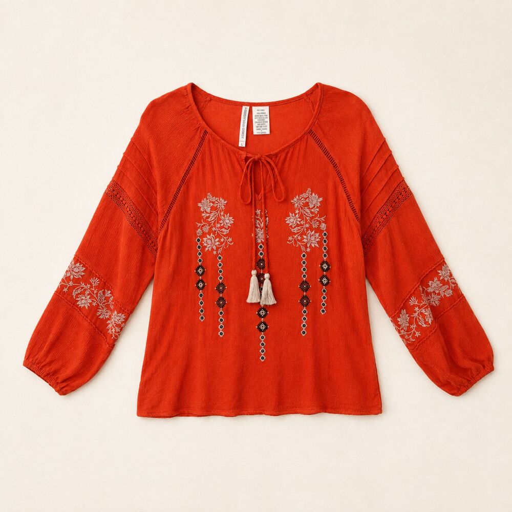 Forgotten Grace Orange Embroidered Boho Peasant Blouse Tassel 3/4 Sleeve Rayon L